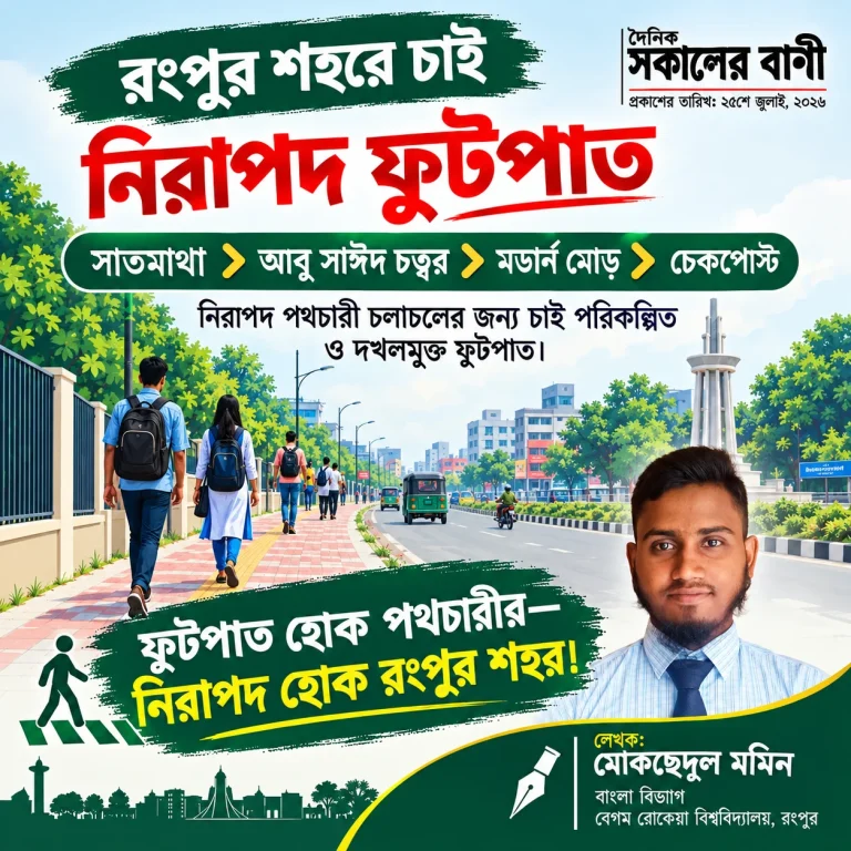 রংপুর মহানগরীতে সাতমাথা হতে শহীদ আবু সাঈদ চত্বর - মডার্ন মোড় হয়ে চেকপোস্ট পর্যন্ত নিরাপদ ফুটপাত চাই